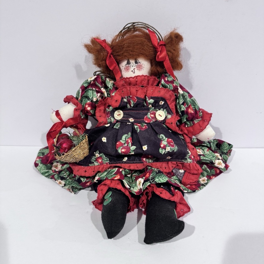 Vintage‎ Rustic Red Hair Angel Cloth Rag Doll Apple Design W Basket